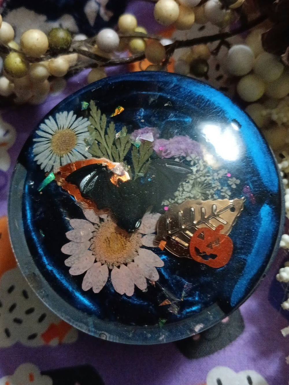 Handmade Resin Trinket Box – Midnight Blue Floral Bat